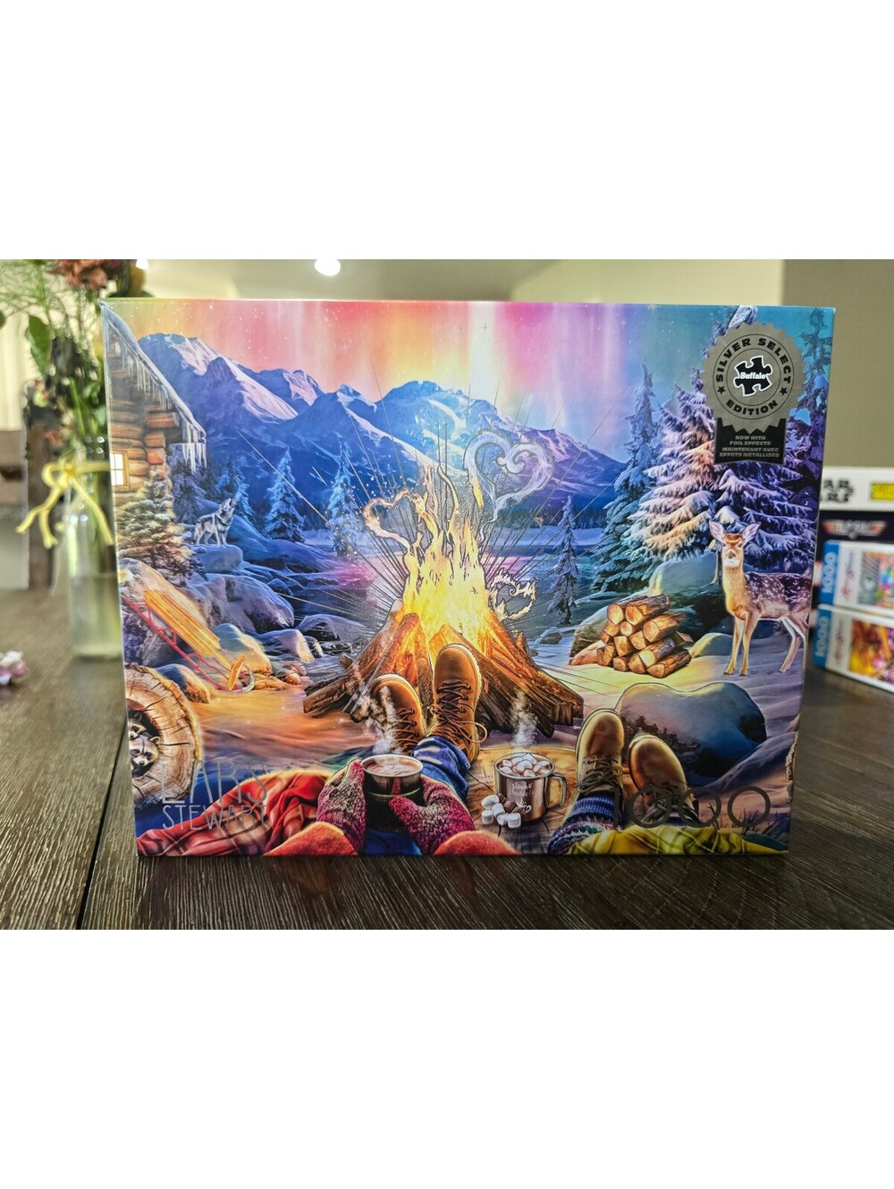 Buffalo Winters Night Bonfire 1000 Pc Puzzle Lars Stewart Silver Slct Foil NEW